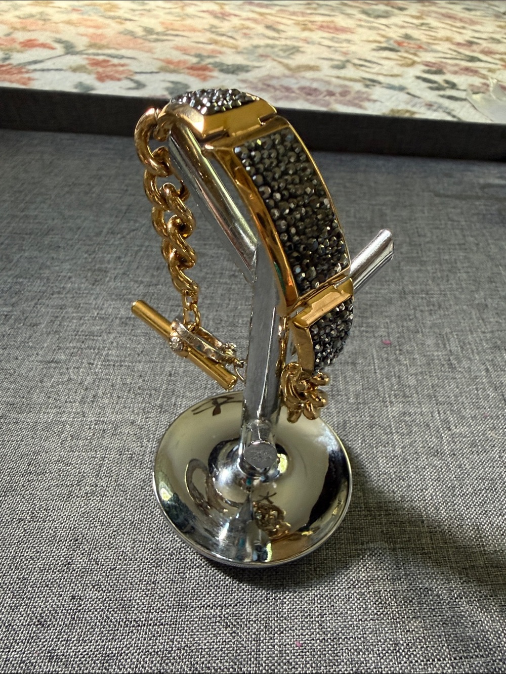 henri bendel Gold Chain Bracelet, black pave crystals w/ Logo Charm -6.25”